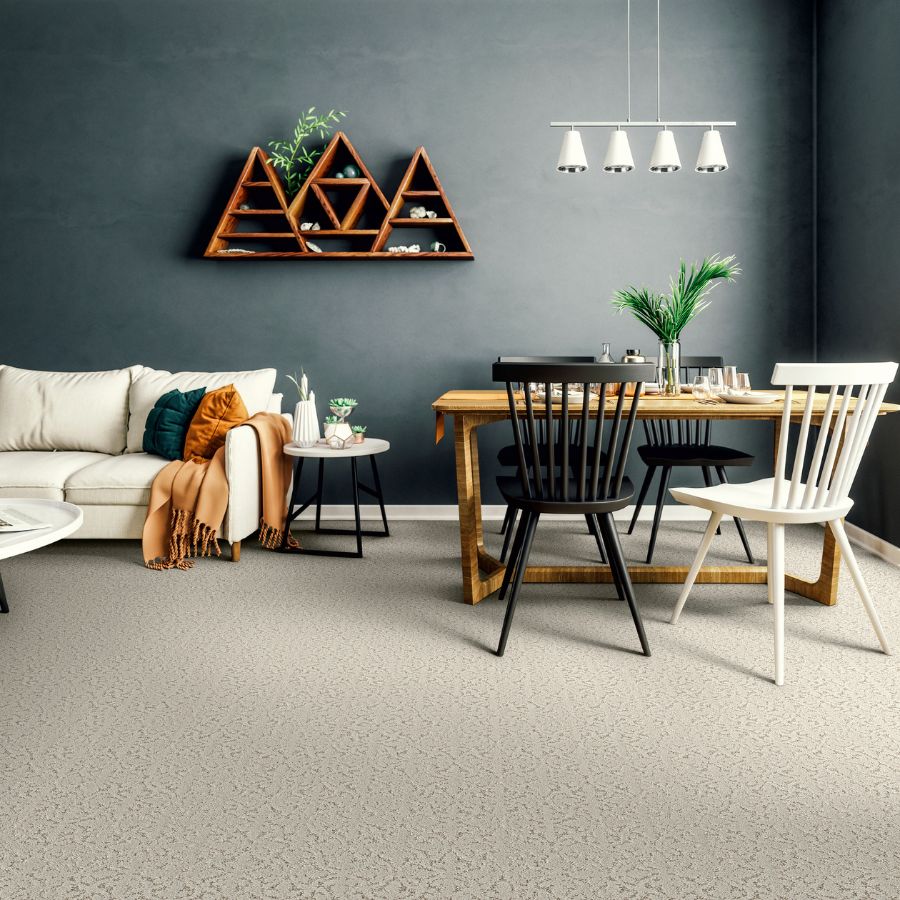 off white carpets in a stylish living and dining room